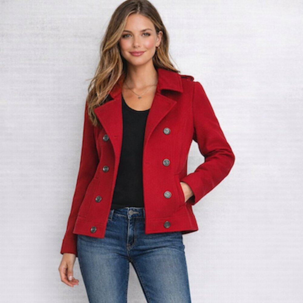 Red Double-Breasted Cropped Wool-like Peacoat Women's Size Small